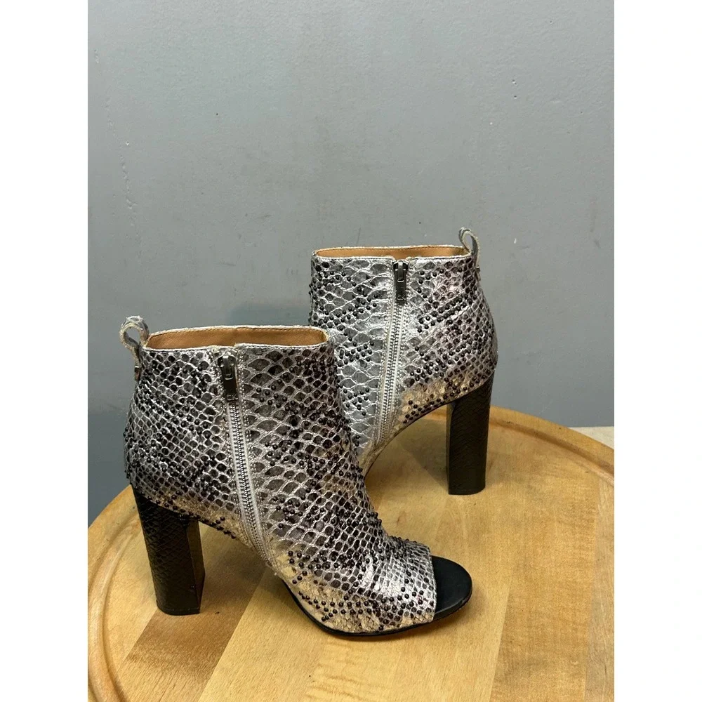 Calvin Klein Jules Booties Women 9.5 Silver Metallic Snakeskin Beaded Peep Toe